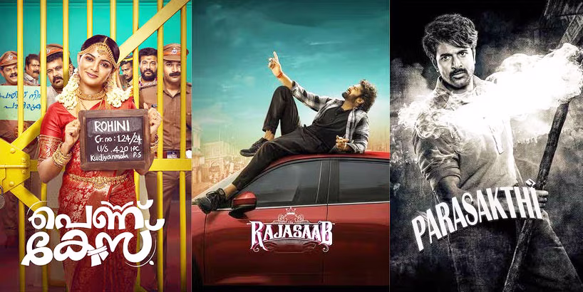 Collage of new movie releases in Kerala including The Raja Saab, Parasakthi, and Pennu Case.