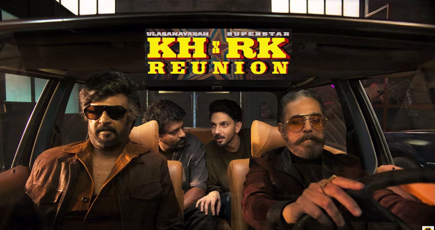 If your image is a screenshot from the promo/garage scene: Kamal Haasan and Rajinikanth walking together with retro swag in the new KH x RK movie glimpse directed by Nelson.