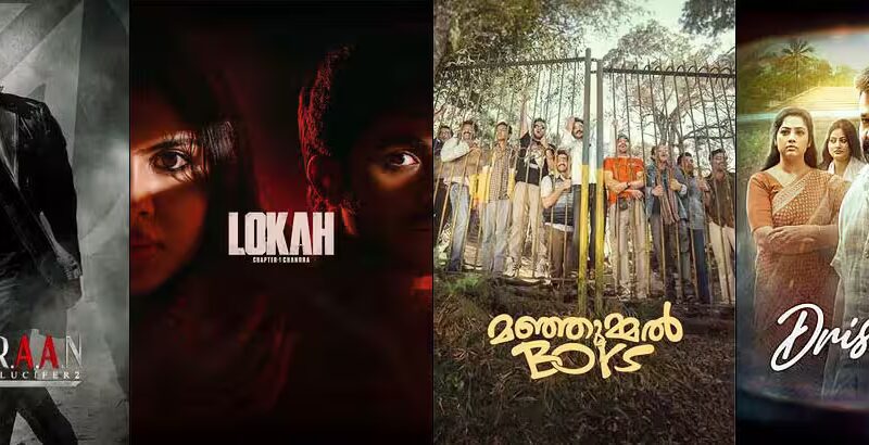 Collage of Malayalam superstars Mohanlal, Prithviraj, Fahadh Faasil, and Tovino Thomas representing the 100 Crore Club movies in Mollywood.